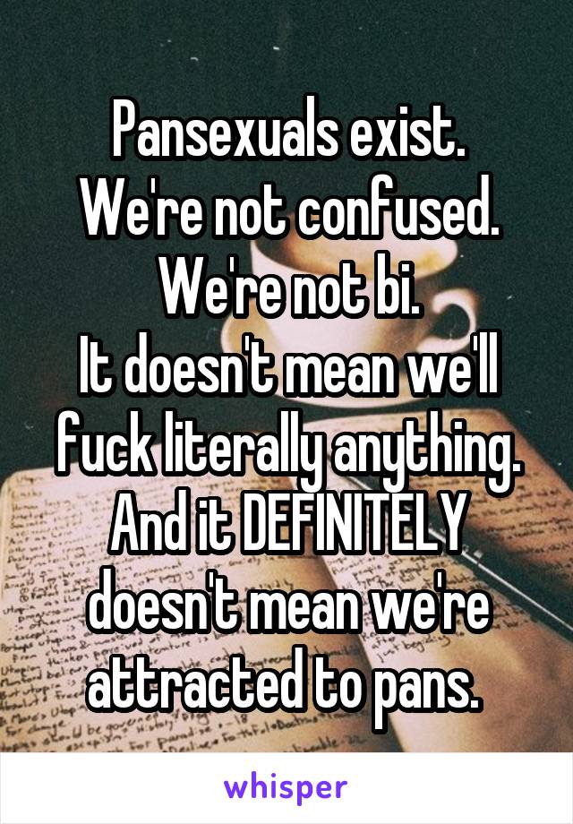 Pansexuals exist.
We're not confused.
We're not bi.
It doesn't mean we'll fuck literally anything.
And it DEFINITELY doesn't mean we're attracted to pans. 