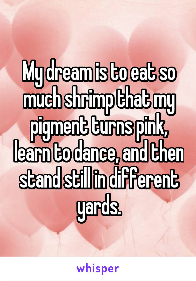 My dream is to eat so much shrimp that my pigment turns pink, learn to dance, and then stand still in different yards.