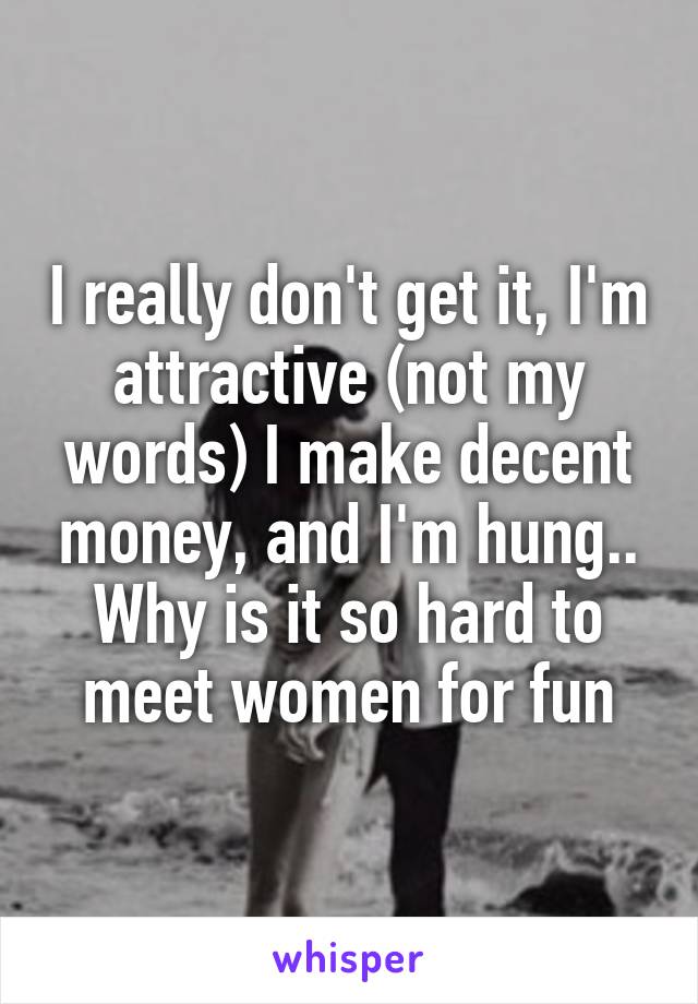 I really don't get it, I'm attractive (not my words) I make decent money, and I'm hung.. Why is it so hard to meet women for fun