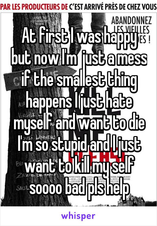 At first I was happy but now I'm  just a mess if the smallest thing happens I just hate myself and want to die I'm so stupid and I just want to kill my self soooo bad pls help