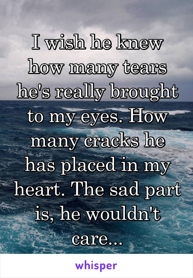 I wish he knew how many tears he's really brought to my eyes. How many cracks he has placed in my heart. The sad part is, he wouldn't care...