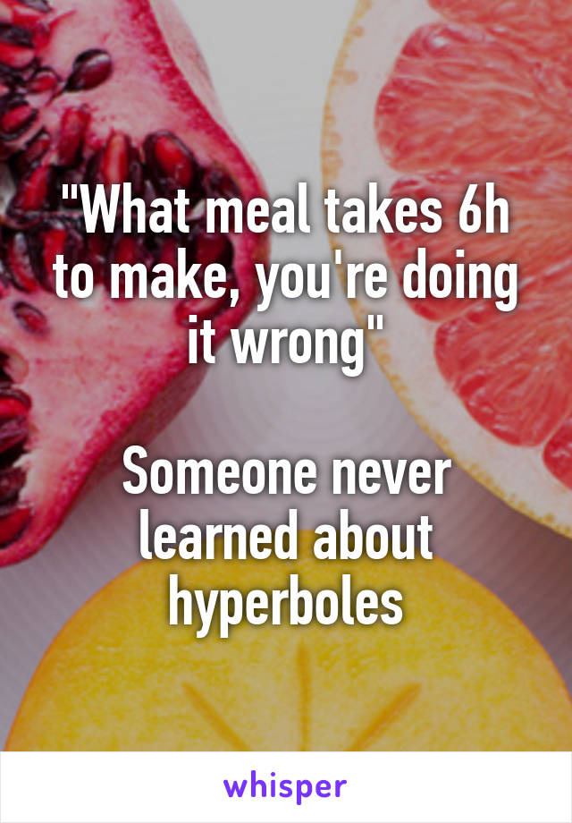 "What meal takes 6h to make, you're doing it wrong"

Someone never learned about hyperboles