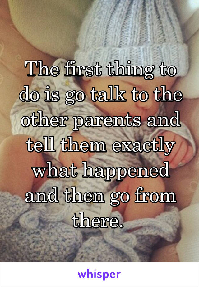 The first thing to do is go talk to the other parents and tell them exactly what happened and then go from there. 