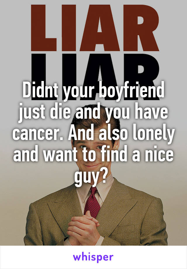 Didnt your boyfriend just die and you have cancer. And also lonely and want to find a nice guy? 