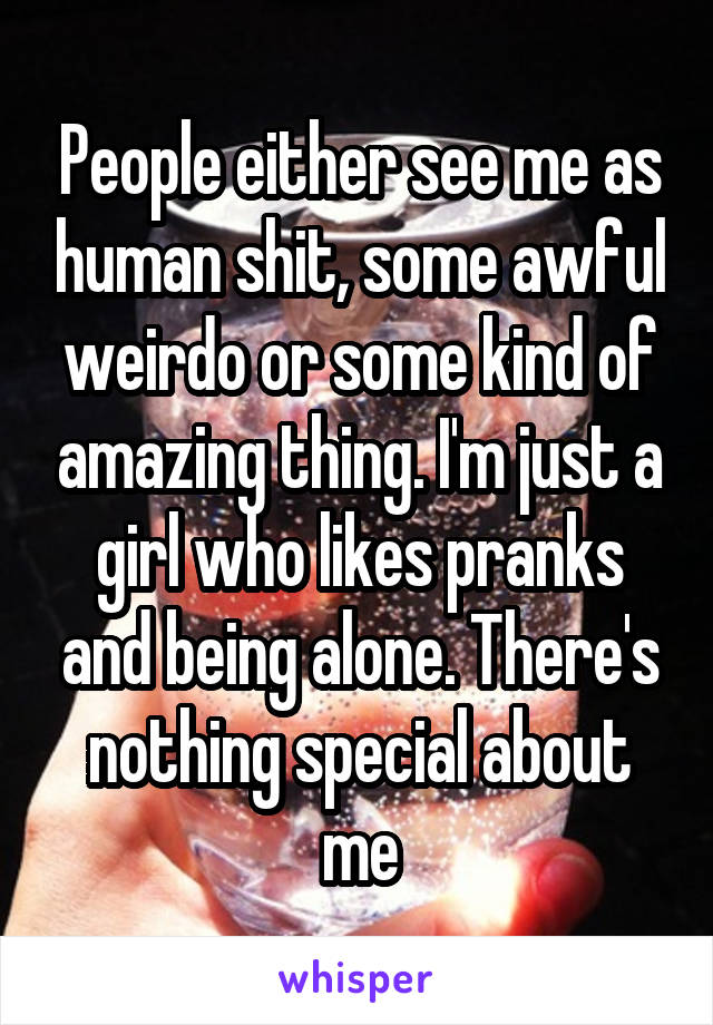 People either see me as human shit, some awful weirdo or some kind of amazing thing. I'm just a girl who likes pranks and being alone. There's nothing special about me