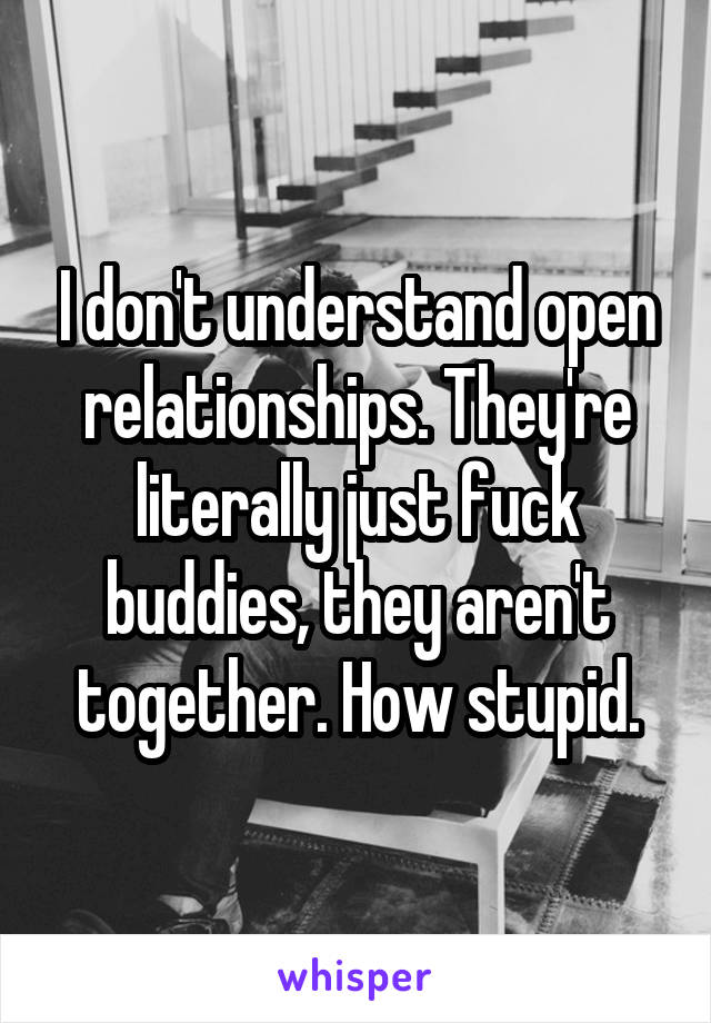 I don't understand open relationships. They're literally just fuck buddies, they aren't together. How stupid.