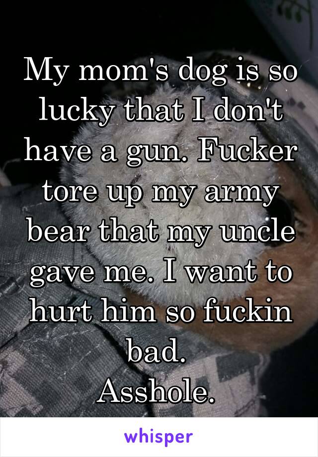 My mom's dog is so lucky that I don't have a gun. Fucker tore up my army bear that my uncle gave me. I want to hurt him so fuckin bad. 
Asshole. 