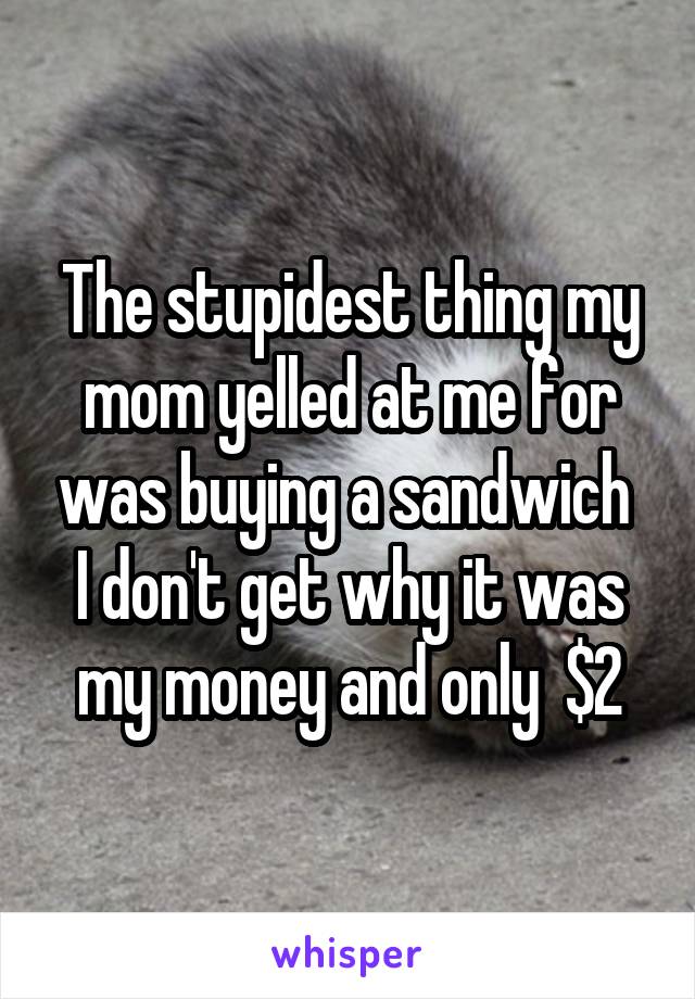 The stupidest thing my mom yelled at me for was buying a sandwich 
I don't get why it was my money and only  $2