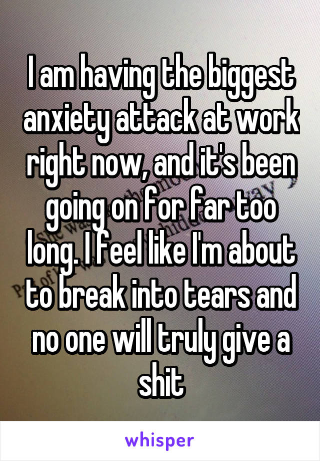 I am having the biggest anxiety attack at work right now, and it's been going on for far too long. I feel like I'm about to break into tears and no one will truly give a shit