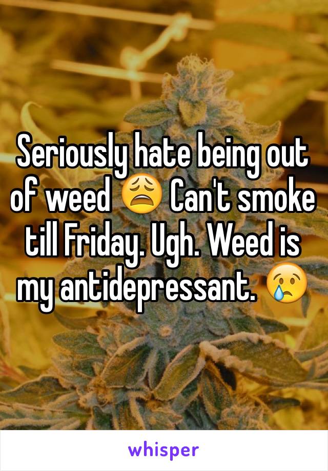 Seriously hate being out of weed 😩 Can't smoke till Friday. Ugh. Weed is my antidepressant. 😢