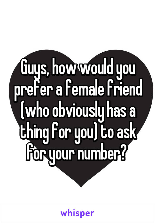 Guys, how would you prefer a female friend (who obviously has a thing for you) to ask for your number? 