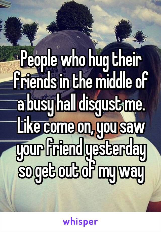 People who hug their friends in the middle of a busy hall disgust me. Like come on, you saw your friend yesterday so get out of my way