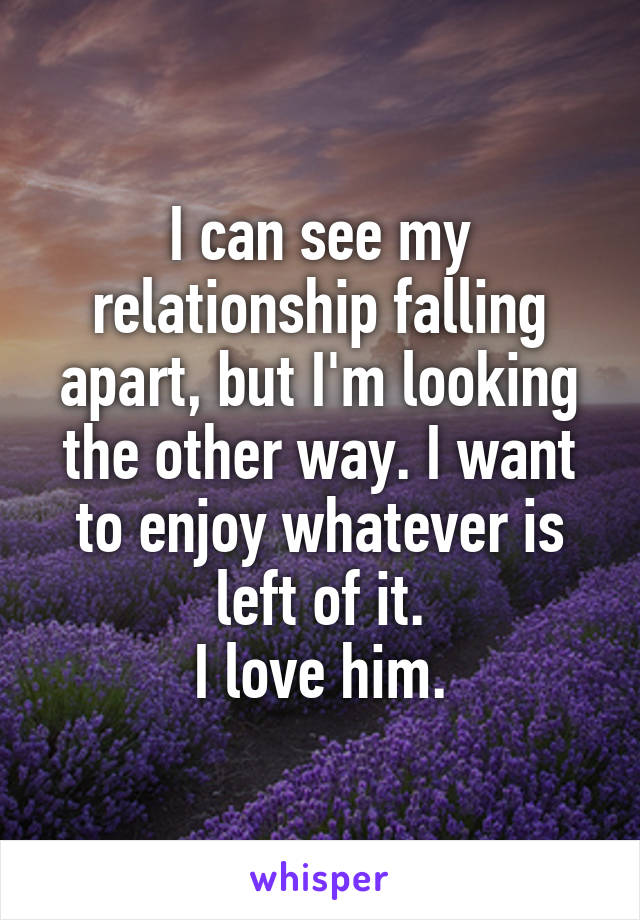 I can see my relationship falling apart, but I'm looking the other way. I want to enjoy whatever is left of it.
I love him.