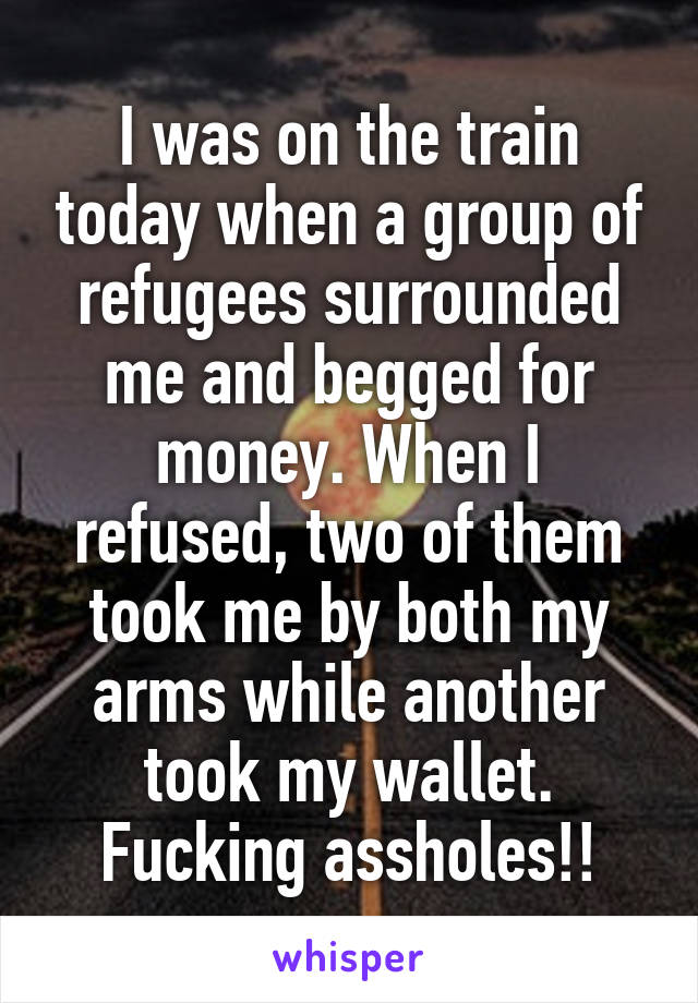 I was on the train today when a group of refugees surrounded me and begged for money. When I refused, two of them took me by both my arms while another took my wallet. Fucking assholes!!