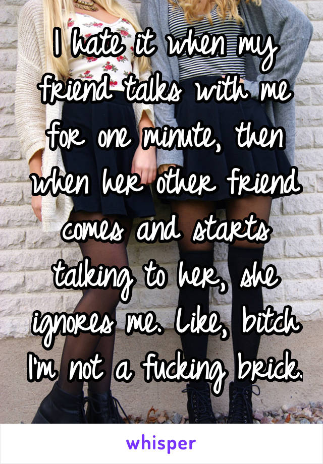 I hate it when my friend talks with me for one minute, then when her other friend comes and starts talking to her, she ignores me. Like, bitch I'm not a fucking brick. 