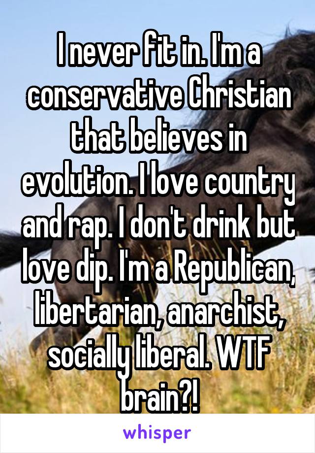 I never fit in. I'm a conservative Christian that believes in evolution. I love country and rap. I don't drink but love dip. I'm a Republican, libertarian, anarchist, socially liberal. WTF brain?!