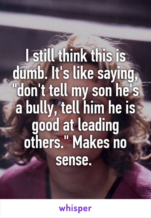 I still think this is dumb. It's like saying, "don't tell my son he's a bully, tell him he is good at leading others." Makes no sense. 