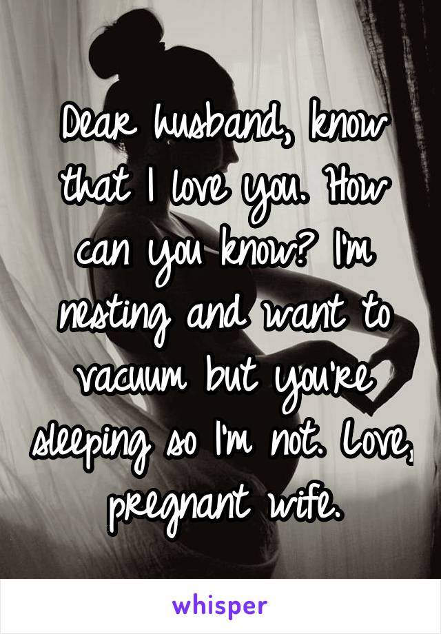 Dear husband, know that I love you. How can you know? I'm nesting and want to vacuum but you're sleeping so I'm not. Love, pregnant wife.