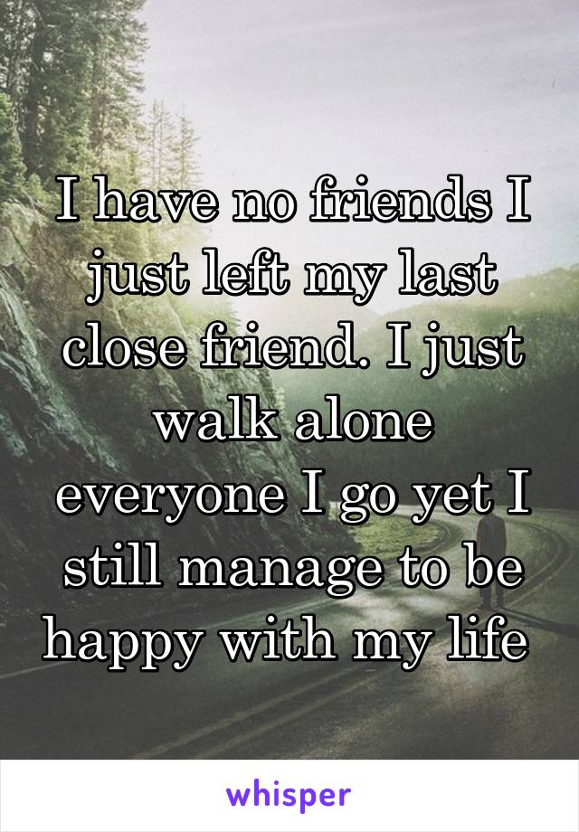 I have no friends I just left my last close friend. I just walk alone everyone I go yet I still manage to be happy with my life 