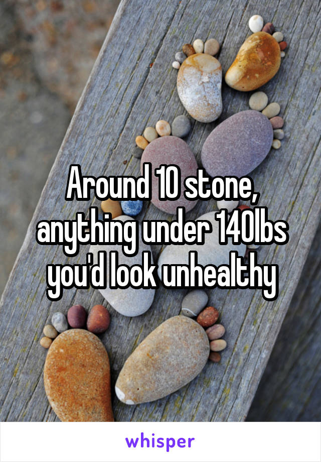 Around 10 stone, anything under 140lbs you'd look unhealthy