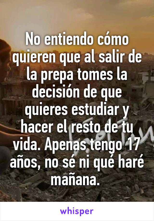 No entiendo cómo quieren que al salir de la prepa tomes la decisión de que quieres estudiar y hacer el resto de tu vida. Apenas tengo 17 años, no sé ni qué haré mañana. 