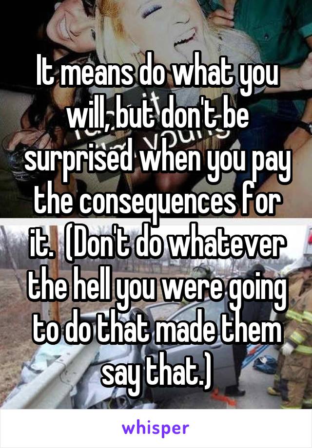 It means do what you will, but don't be surprised when you pay the consequences for it.  (Don't do whatever the hell you were going to do that made them say that.)