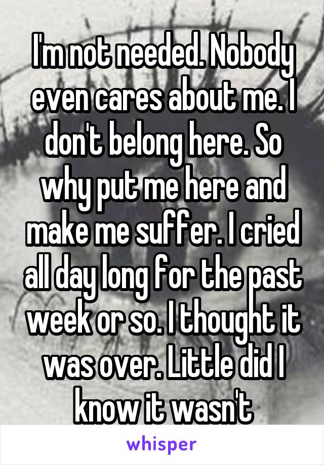 I'm not needed. Nobody even cares about me. I don't belong here. So why put me here and make me suffer. I cried all day long for the past week or so. I thought it was over. Little did I know it wasn't