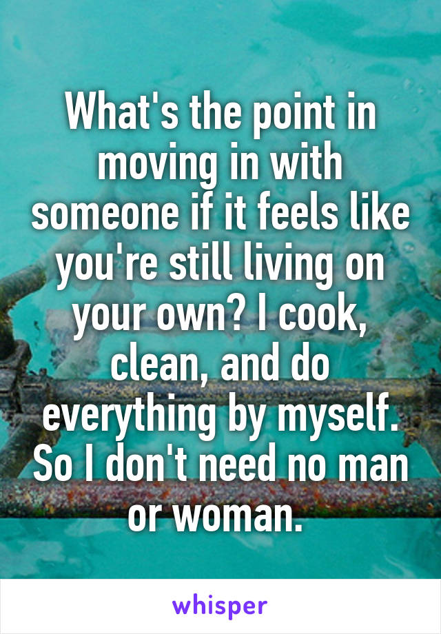 What's the point in moving in with someone if it feels like you're still living on your own? I cook, clean, and do everything by myself. So I don't need no man or woman. 