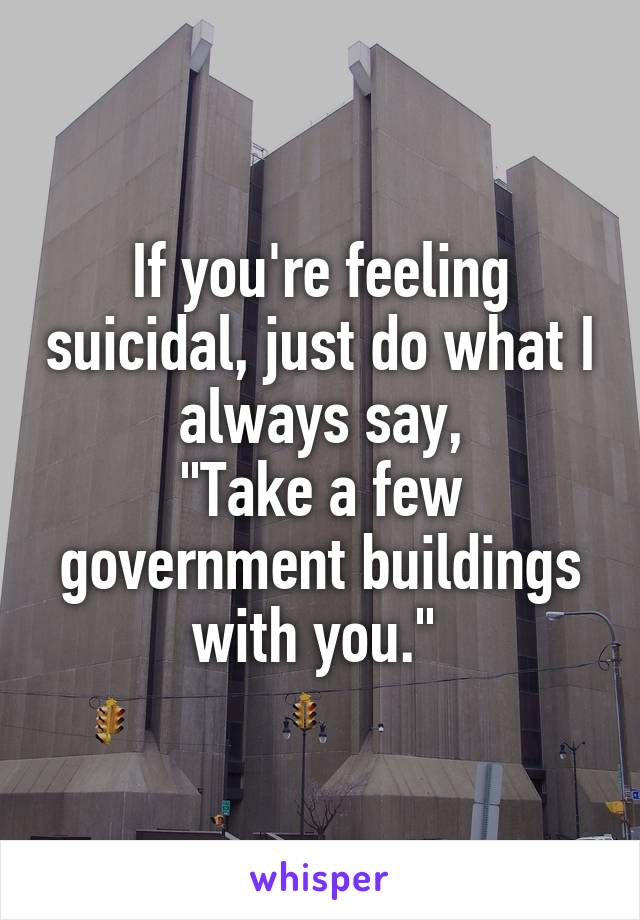 If you're feeling suicidal, just do what I always say,
"Take a few government buildings with you." 