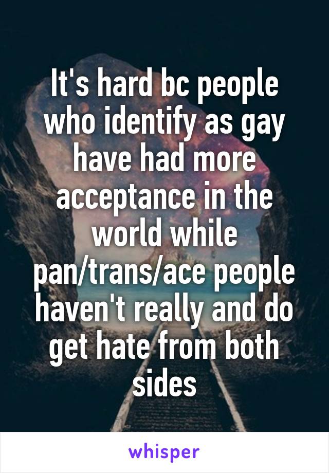 It's hard bc people who identify as gay have had more acceptance in the world while pan/trans/ace people haven't really and do get hate from both sides