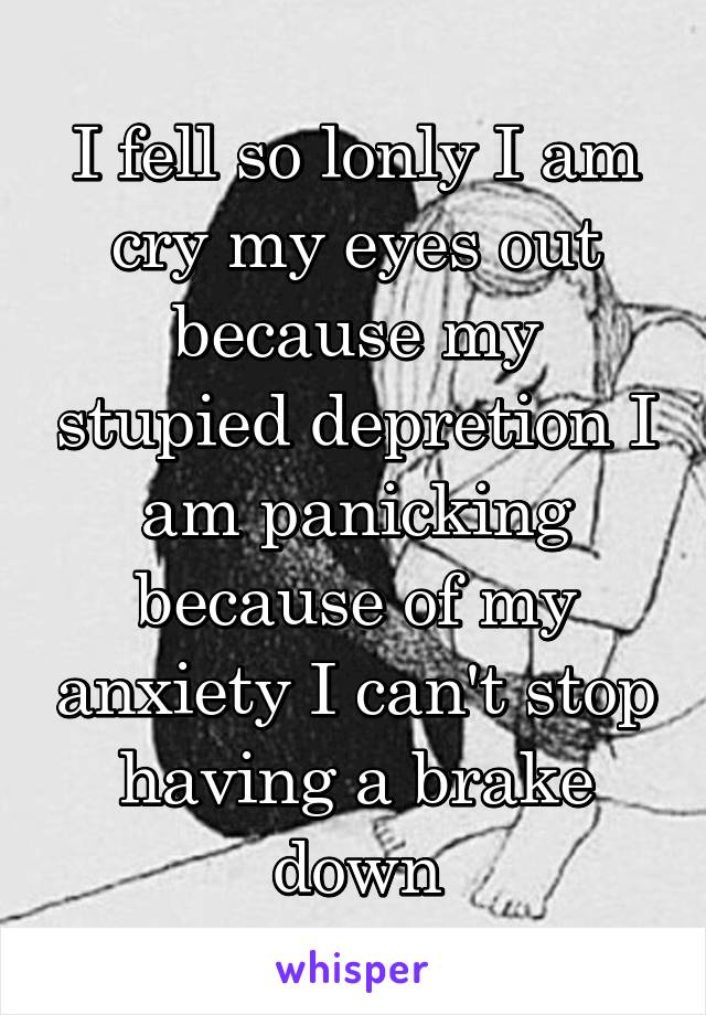 I fell so lonly I am cry my eyes out because my stupied depretion I am panicking because of my anxiety I can't stop having a brake down