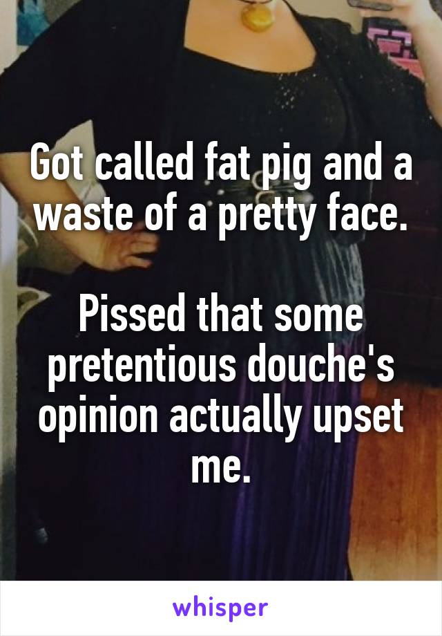 Got called fat pig and a waste of a pretty face.

Pissed that some pretentious douche's opinion actually upset me.