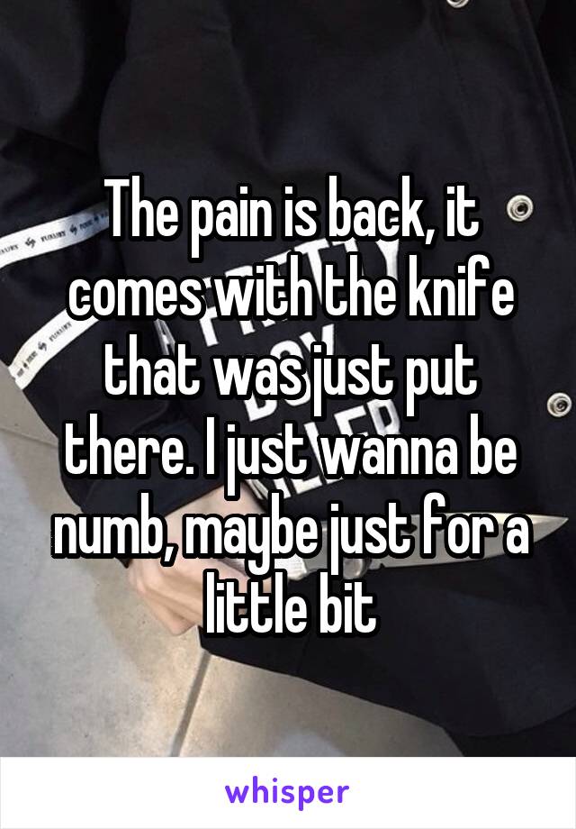 The pain is back, it comes with the knife that was just put there. I just wanna be numb, maybe just for a little bit