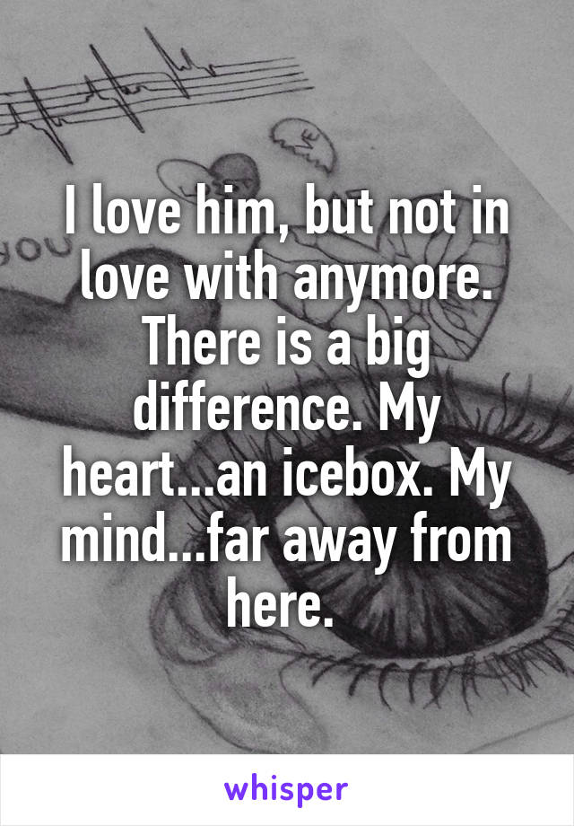 I love him, but not in love with anymore. There is a big difference. My heart...an icebox. My mind...far away from here. 