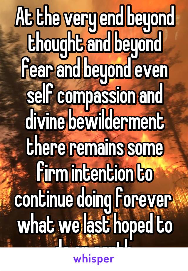 At the very end beyond thought and beyond fear and beyond even self compassion and divine bewilderment there remains some firm intention to continue doing forever  what we last hoped to do on earth.