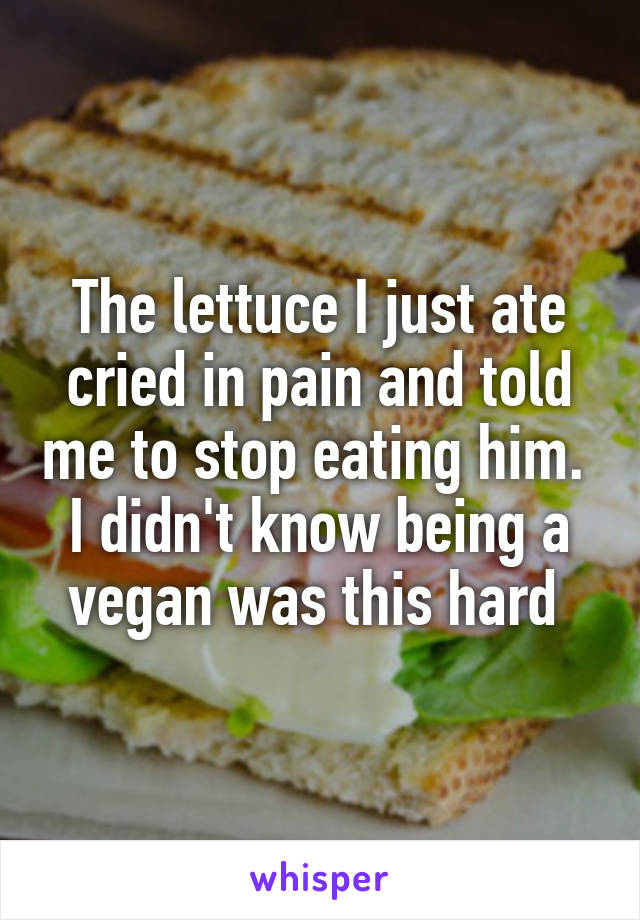 The lettuce I just ate cried in pain and told me to stop eating him. 
I didn't know being a vegan was this hard 