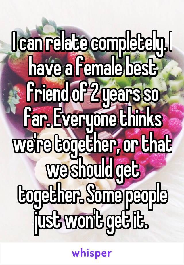 I can relate completely. I have a female best friend of 2 years so far. Everyone thinks we're together, or that we should get together. Some people just won't get it. 