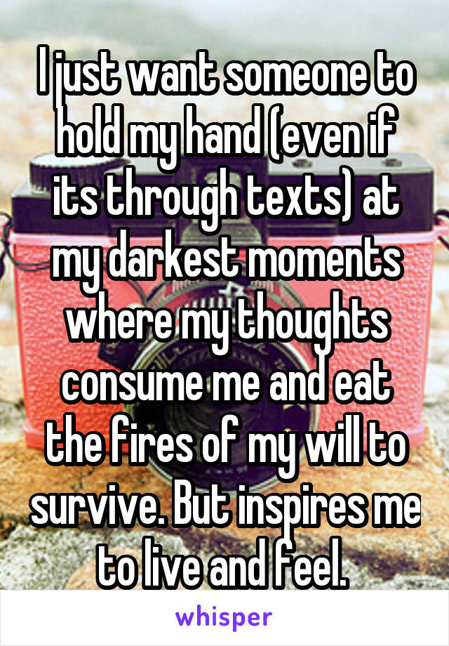 I just want someone to hold my hand (even if its through texts) at my darkest moments where my thoughts consume me and eat the fires of my will to survive. But inspires me to live and feel. 