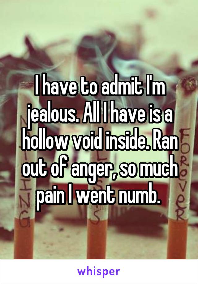 I have to admit I'm jealous. All I have is a hollow void inside. Ran out of anger, so much pain I went numb. 