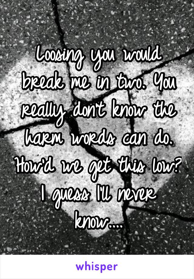 Loosing you would break me in two. You really don't know the harm words can do. How'd we get this low? I guess I'll never know....