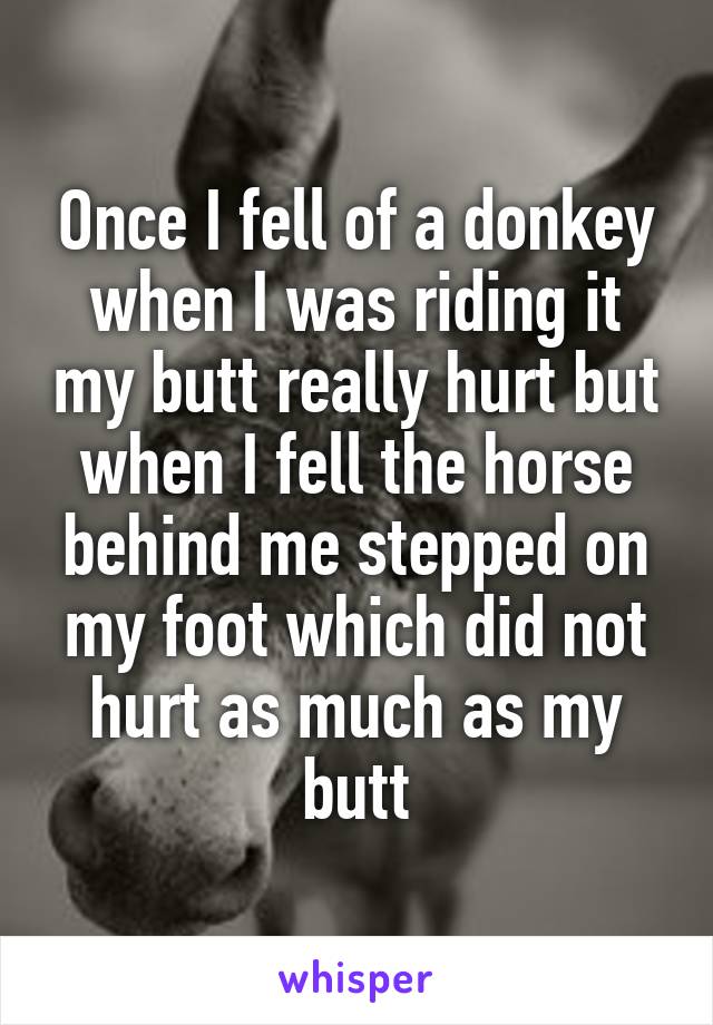 Once I fell of a donkey when I was riding it my butt really hurt but when I fell the horse behind me stepped on my foot which did not hurt as much as my butt