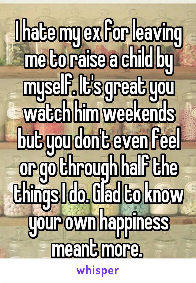 I hate my ex for leaving me to raise a child by myself. It's great you watch him weekends but you don't even feel or go through half the things I do. Glad to know your own happiness meant more. 