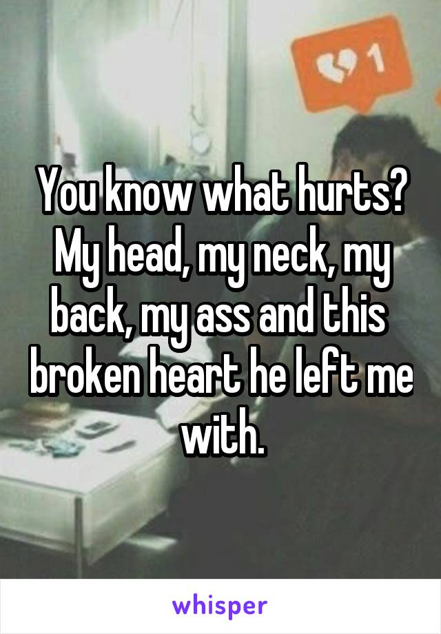 You know what hurts?
My head, my neck, my back, my ass and this  broken heart he left me with.