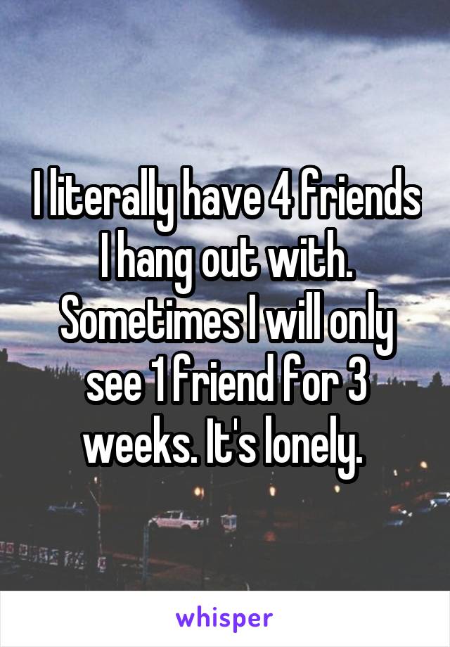 I literally have 4 friends I hang out with. Sometimes I will only see 1 friend for 3 weeks. It's lonely. 