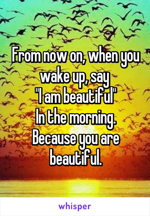 From now on, when you wake up, say 
"I am beautiful"
In the morning.
Because you are beautiful.