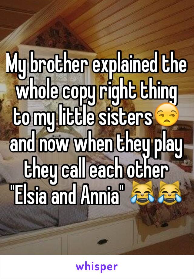 My brother explained the whole copy right thing to my little sisters😒 and now when they play they call each other "Elsia and Annia" 😹😹