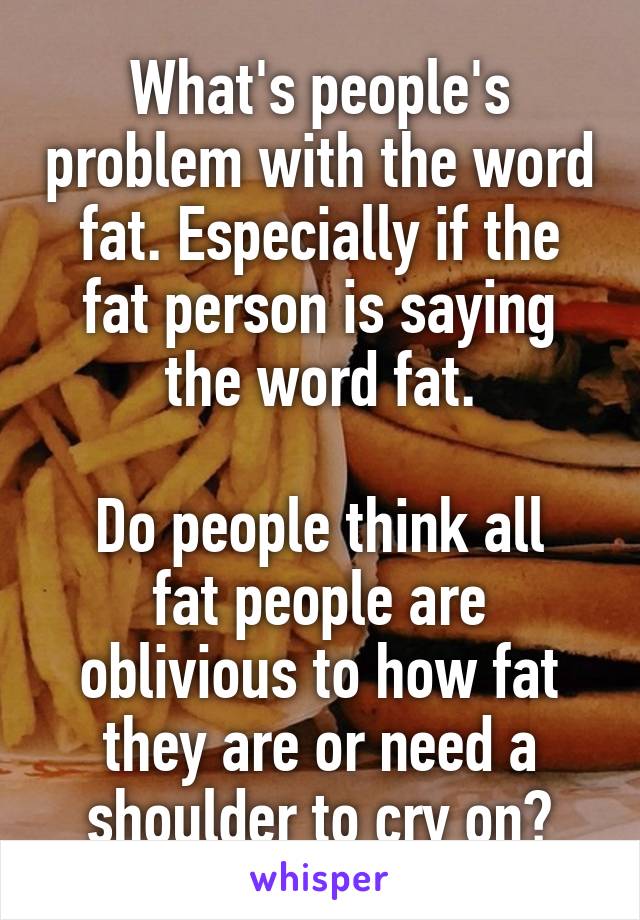 What's people's problem with the word fat. Especially if the fat person is saying the word fat.

Do people think all fat people are oblivious to how fat they are or need a shoulder to cry on?