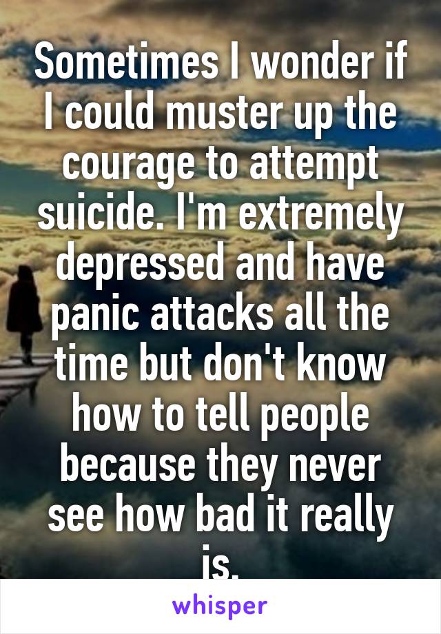 Sometimes I wonder if I could muster up the courage to attempt suicide. I'm extremely depressed and have panic attacks all the time but don't know how to tell people because they never see how bad it really is.