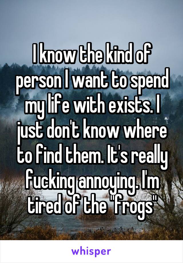 I know the kind of person I want to spend my life with exists. I just don't know where to find them. It's really fucking annoying. I'm tired of the "frogs"