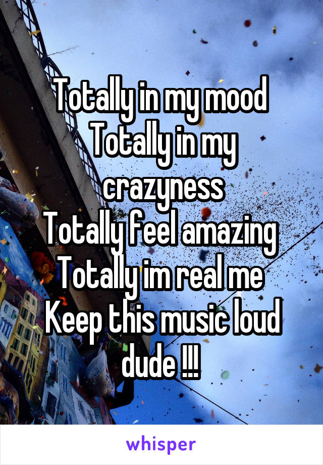 Totally in my mood 
Totally in my crazyness
Totally feel amazing 
Totally im real me 
Keep this music loud dude !!! 